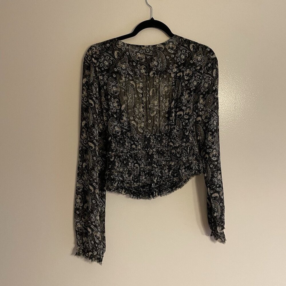 Free People Women M Black Paisley Boho Long Sleeve Smocked Lolita Peasant Top - Picture 10 of 10